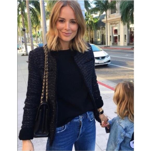 Anine Bing Tweed Navy Blue Gold Fringed Raw Hemline Jacket Blazer Size Small - Picture 6 of 16